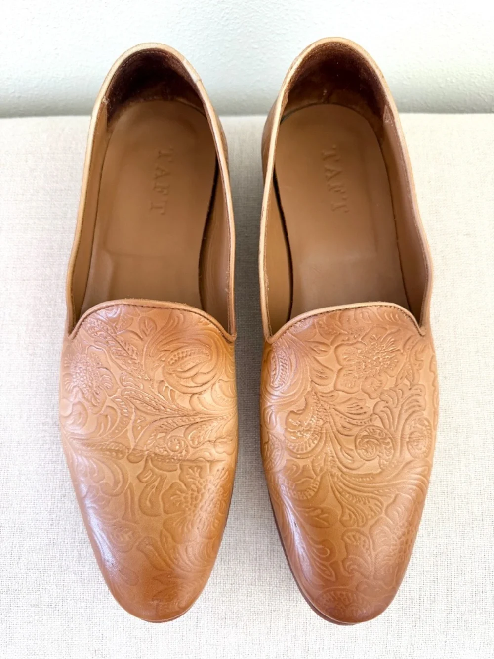 TAFT Mens Embossed Floral Leather Loafers Cognac Tan Handmade Spain EU 40.5